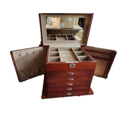 Large Wooden Jewelry Box for Women 6 Drawers with Lock and Mirror