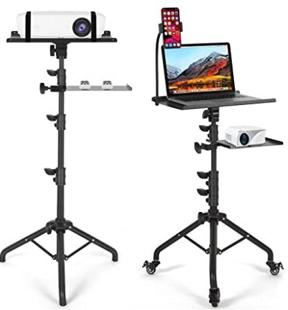 Projector Tripod Stand with 2 Shelves, Laptop Tripod on Wheels, Portable